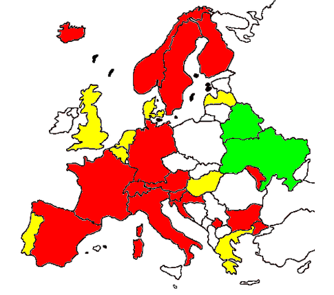 Carte d'Europe avec les zones interdites et autorisées à la GPA